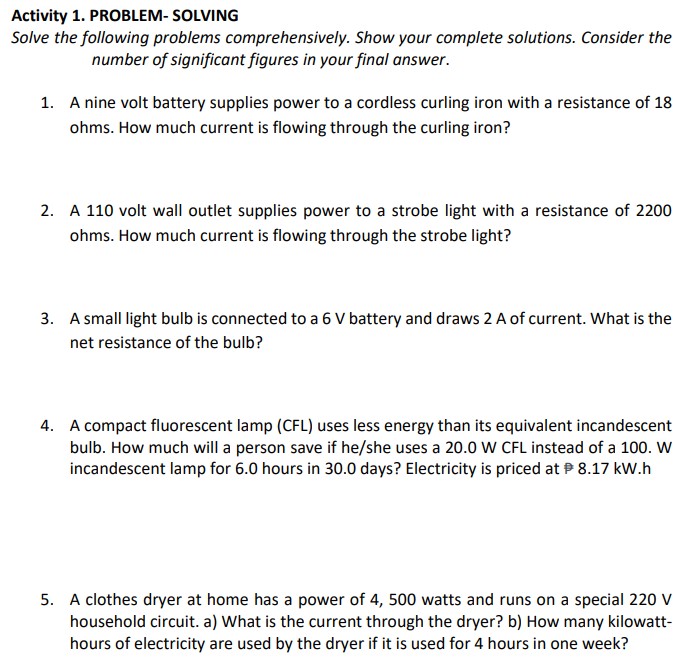  Activity 1. PROBLEM- SDLVING Solve the following problems comprehensively. Show your