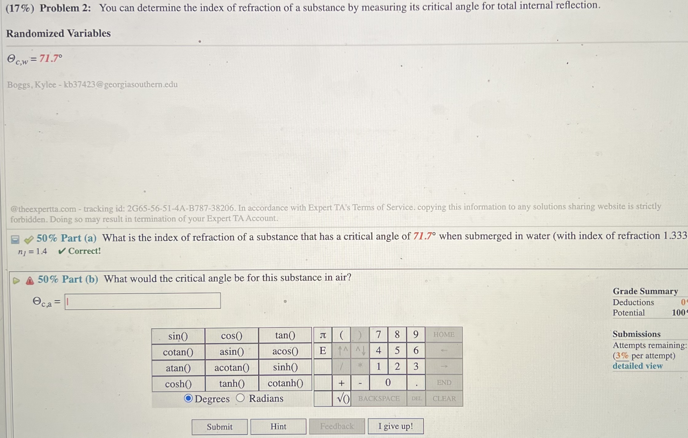 angle 0; = 55 degrees with respect to the normal, then reflects