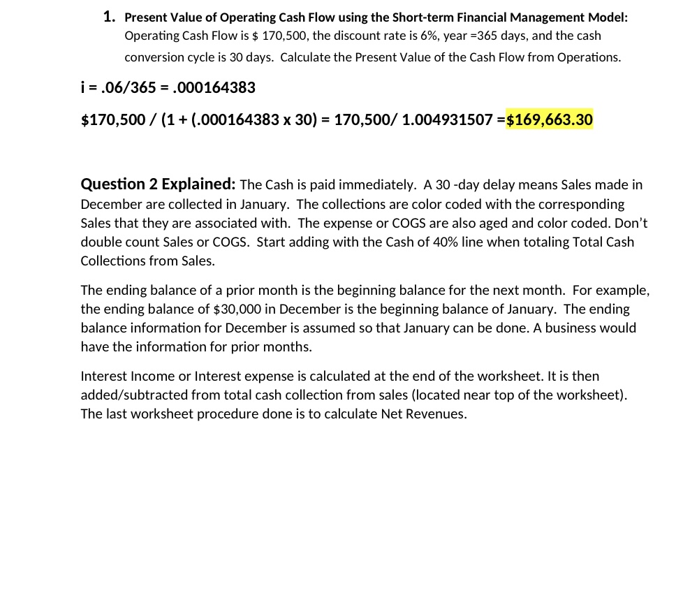 days Total Cash Collections from Sales Interest Income (+) or Expense (-)