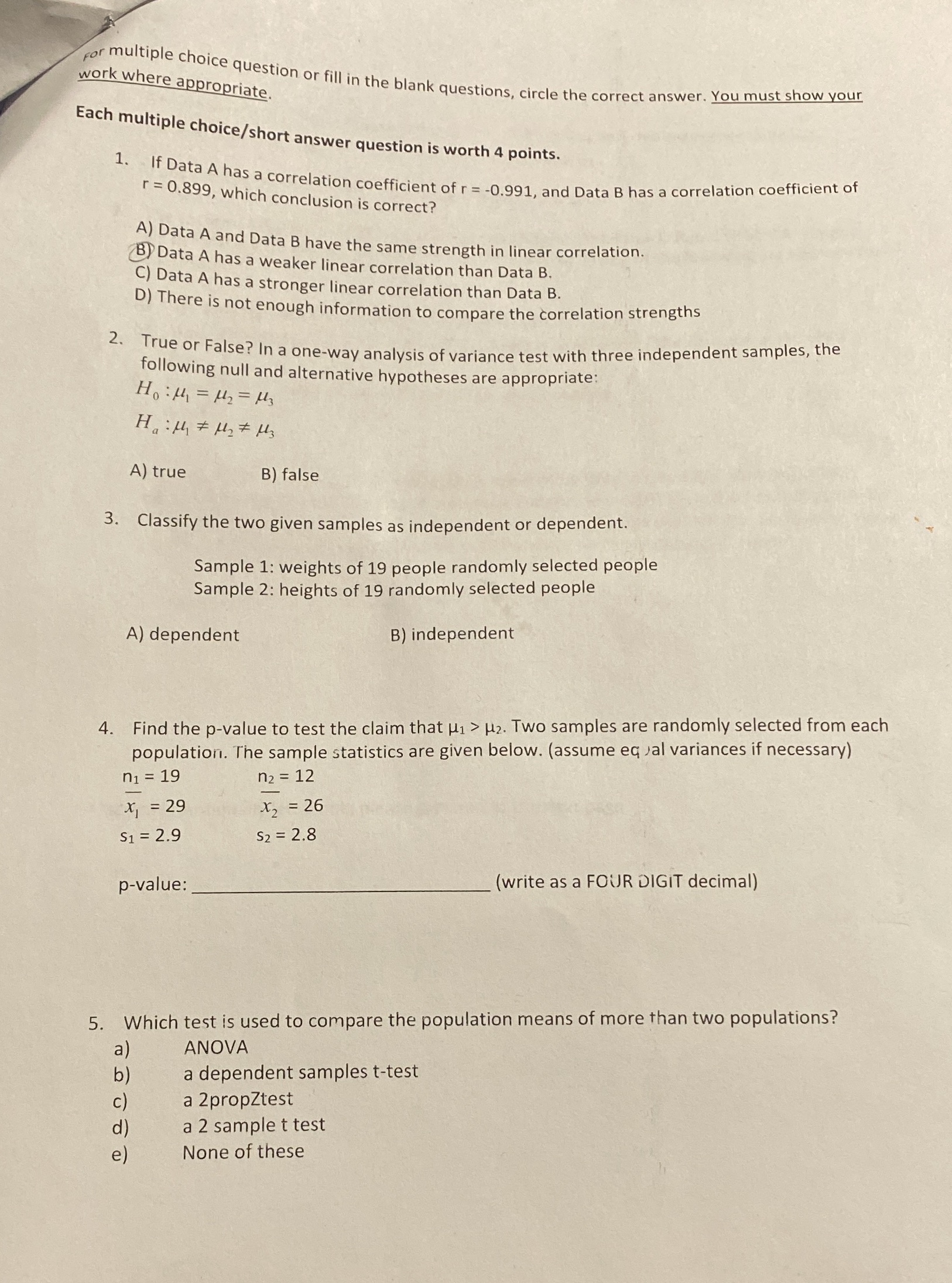 Pt 1 For multiple choice question or fill in the blank questions,