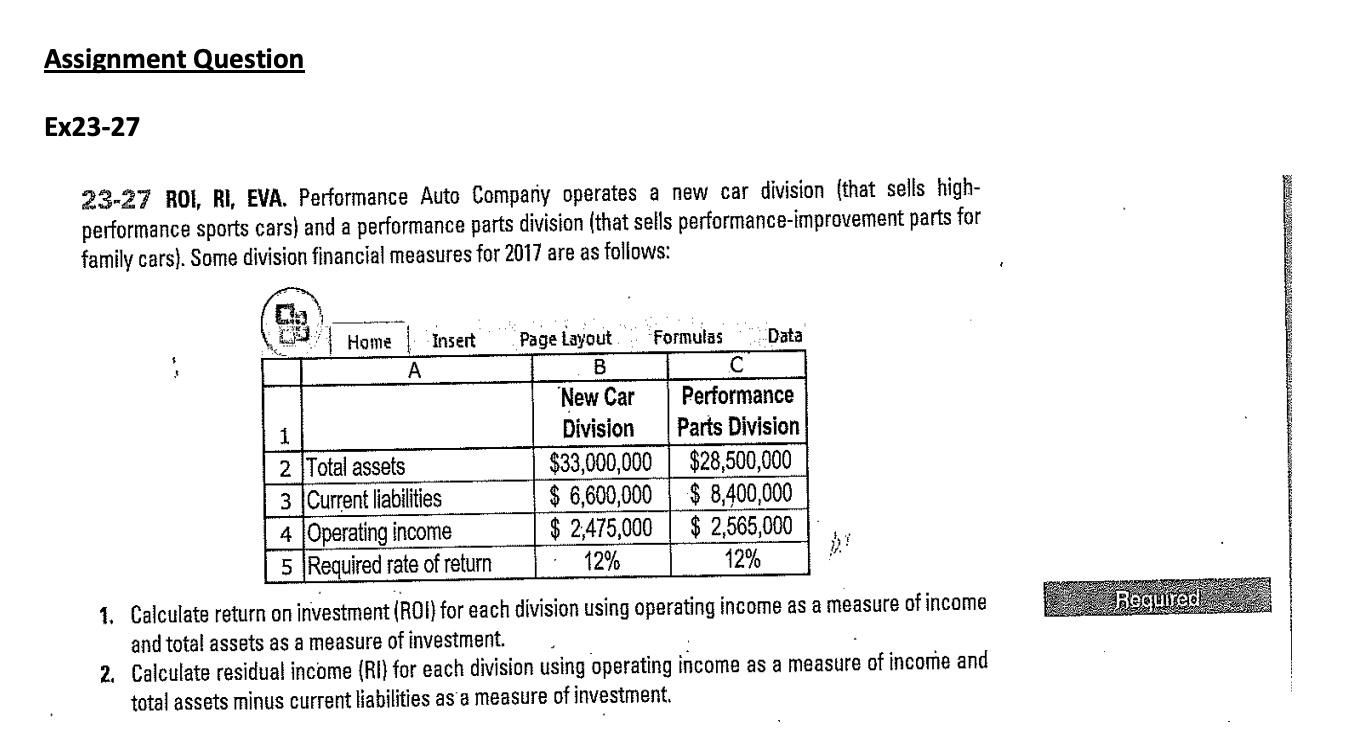  Assignment Question Ex23-27 23-27 ROI, RI, EVA. Performance Auto Company operates