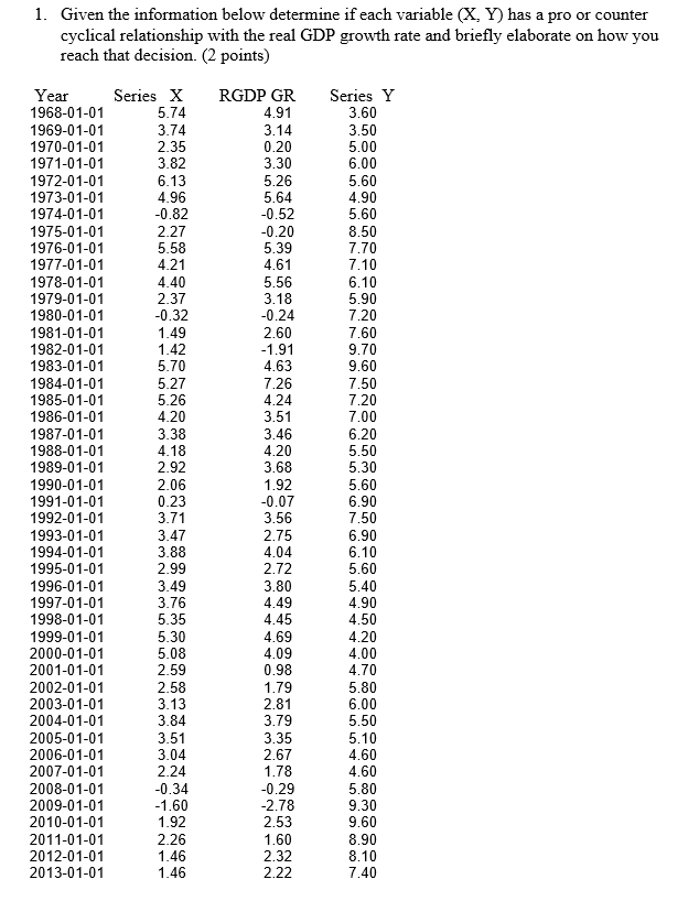 1. Given the information below determine if each variable (X, Y)