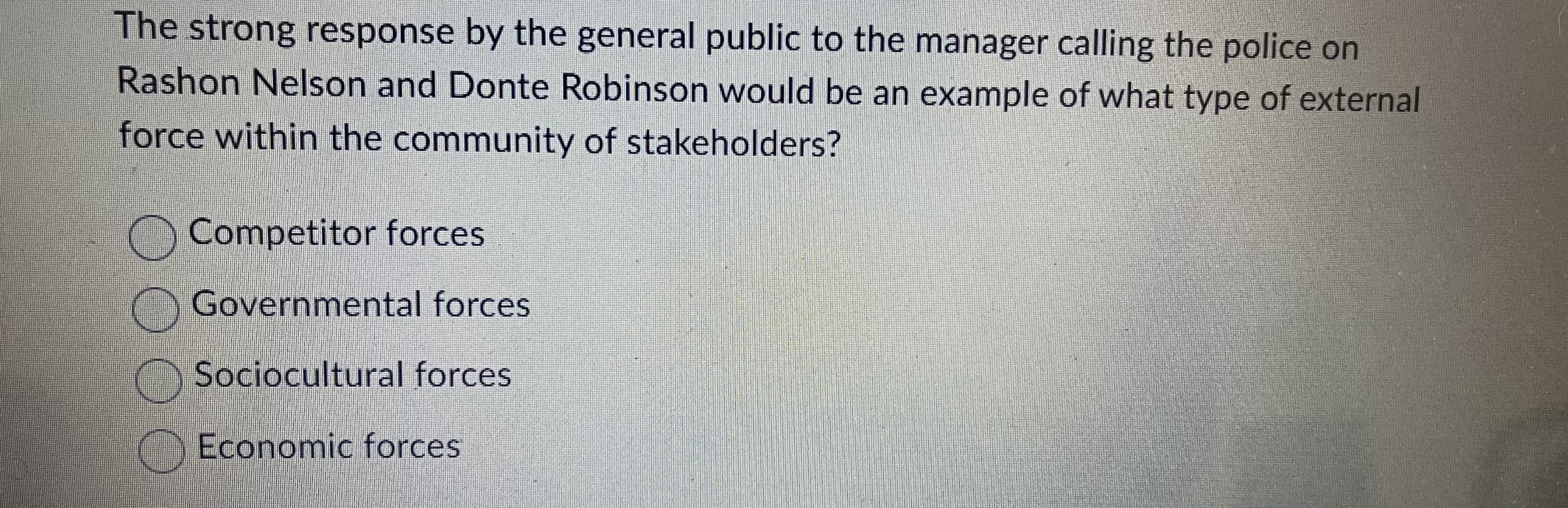 the community of stakeholders? Competitor forces Governmental forces O Sociocultural forces Economic