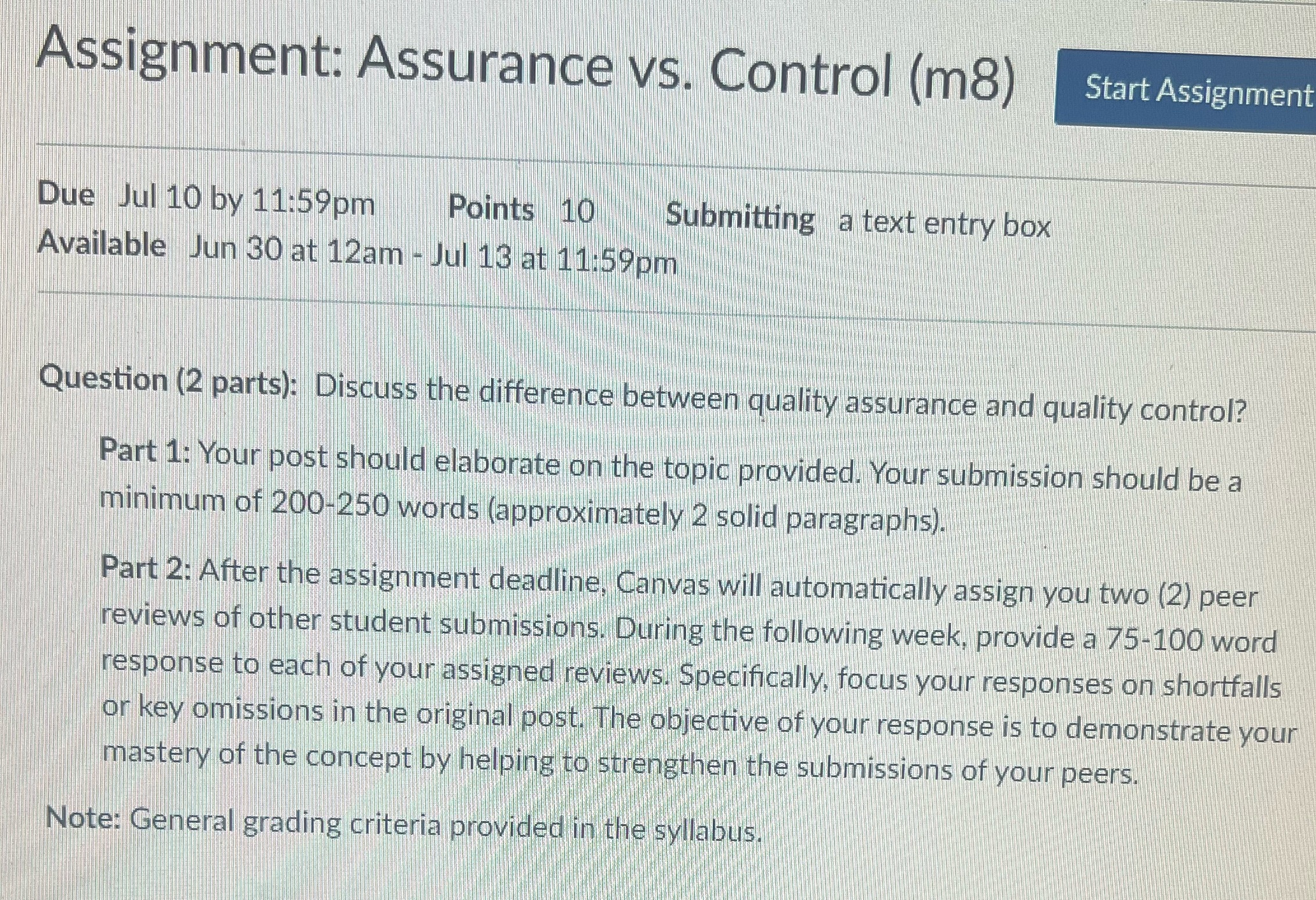 Assignment: Assurance vs. Control (m8) Start Assignment Due Jul 10 by
