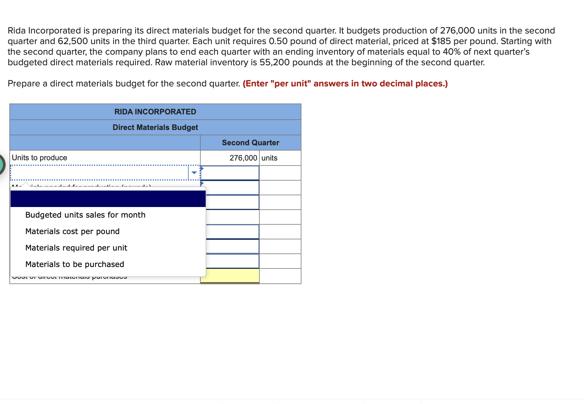 material inventory is 55,200 pounds at the beginning of the second quarter.