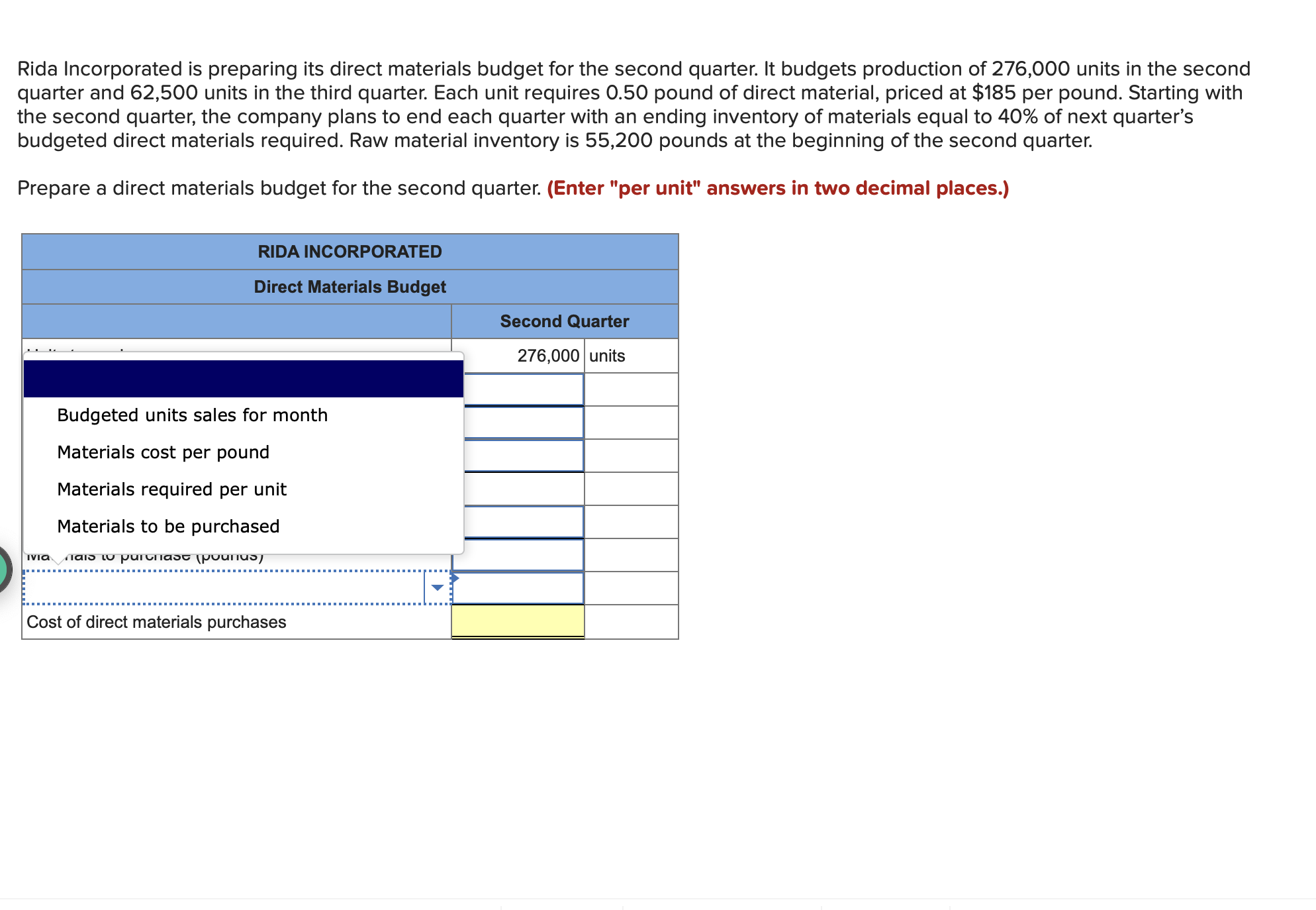 direct materials purchases Rida Incorporated is preparing its direct materials budget for