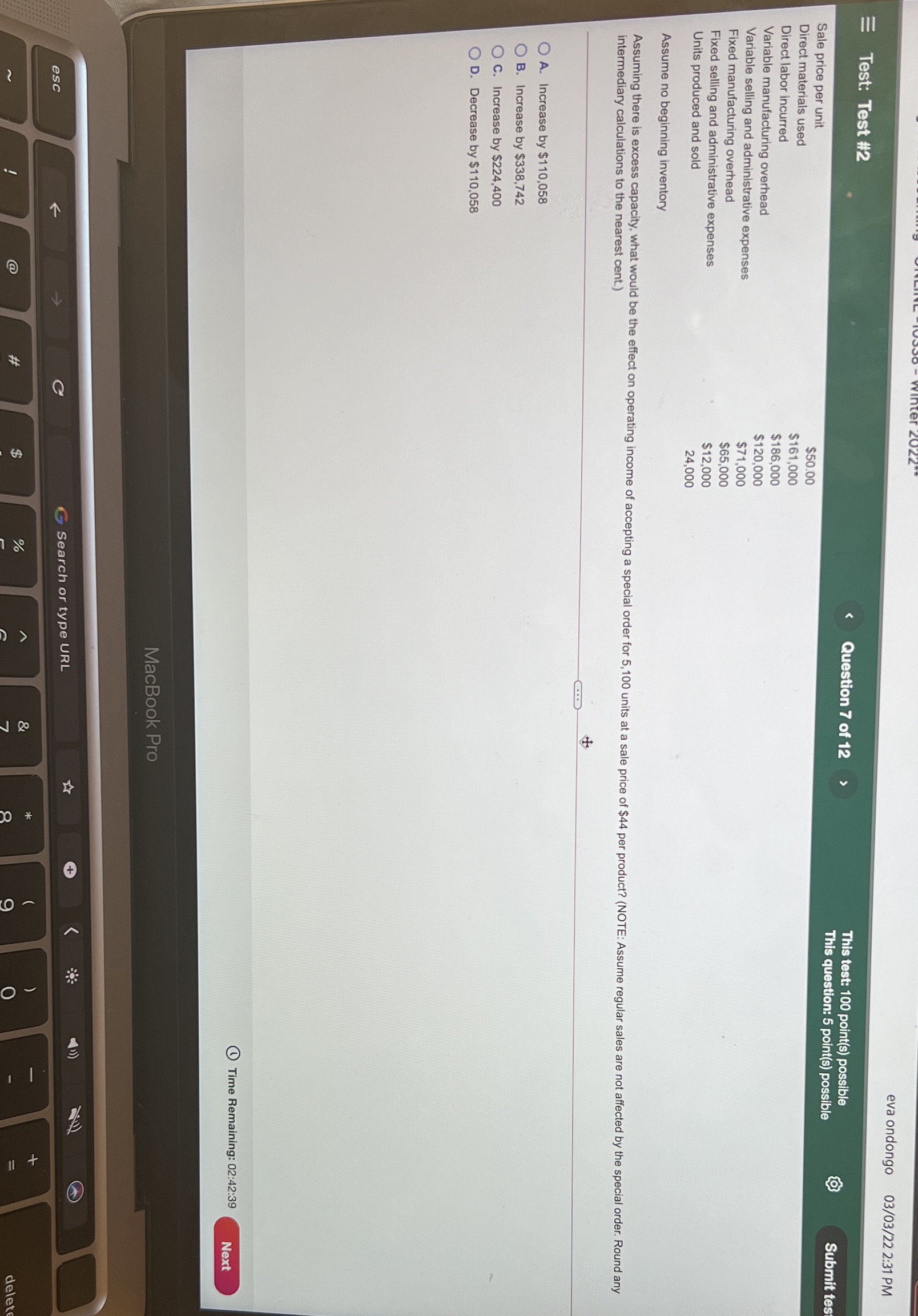  eva ondongo 03/03/22 2:31 PM Test: Test #2 Question 7 of