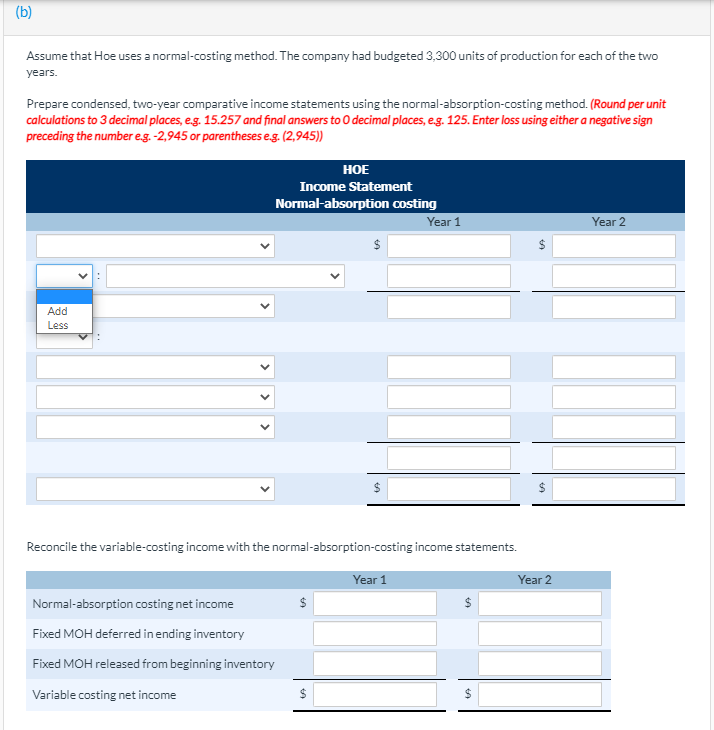 per unit during both years (direct materials $190.00, direct labour $160.00, and