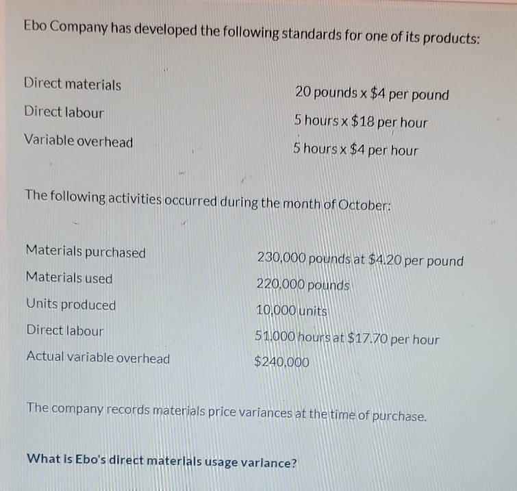 1. What is Ebo's direct material usage variances?2. What is Ebo's direct
