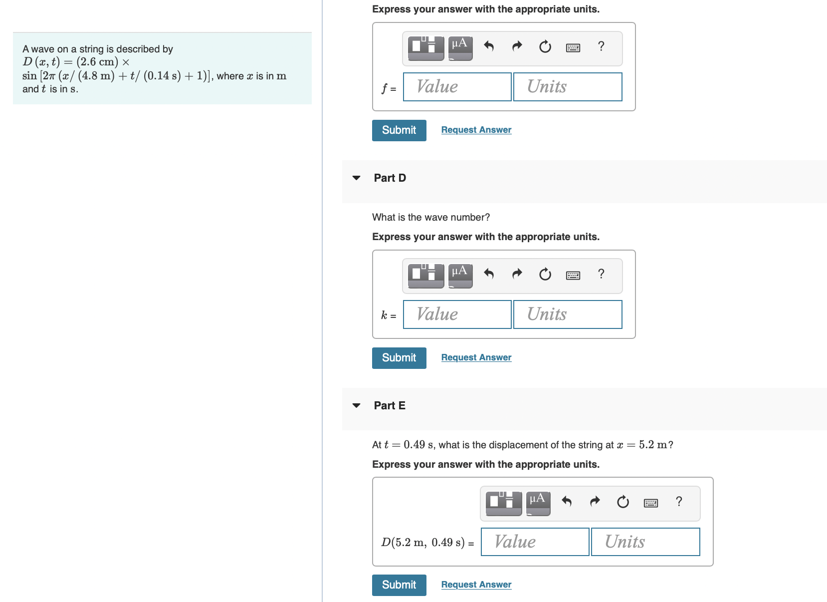 t) = (2.6 cm) x Part B sin [27 (x/ (4.8 m)