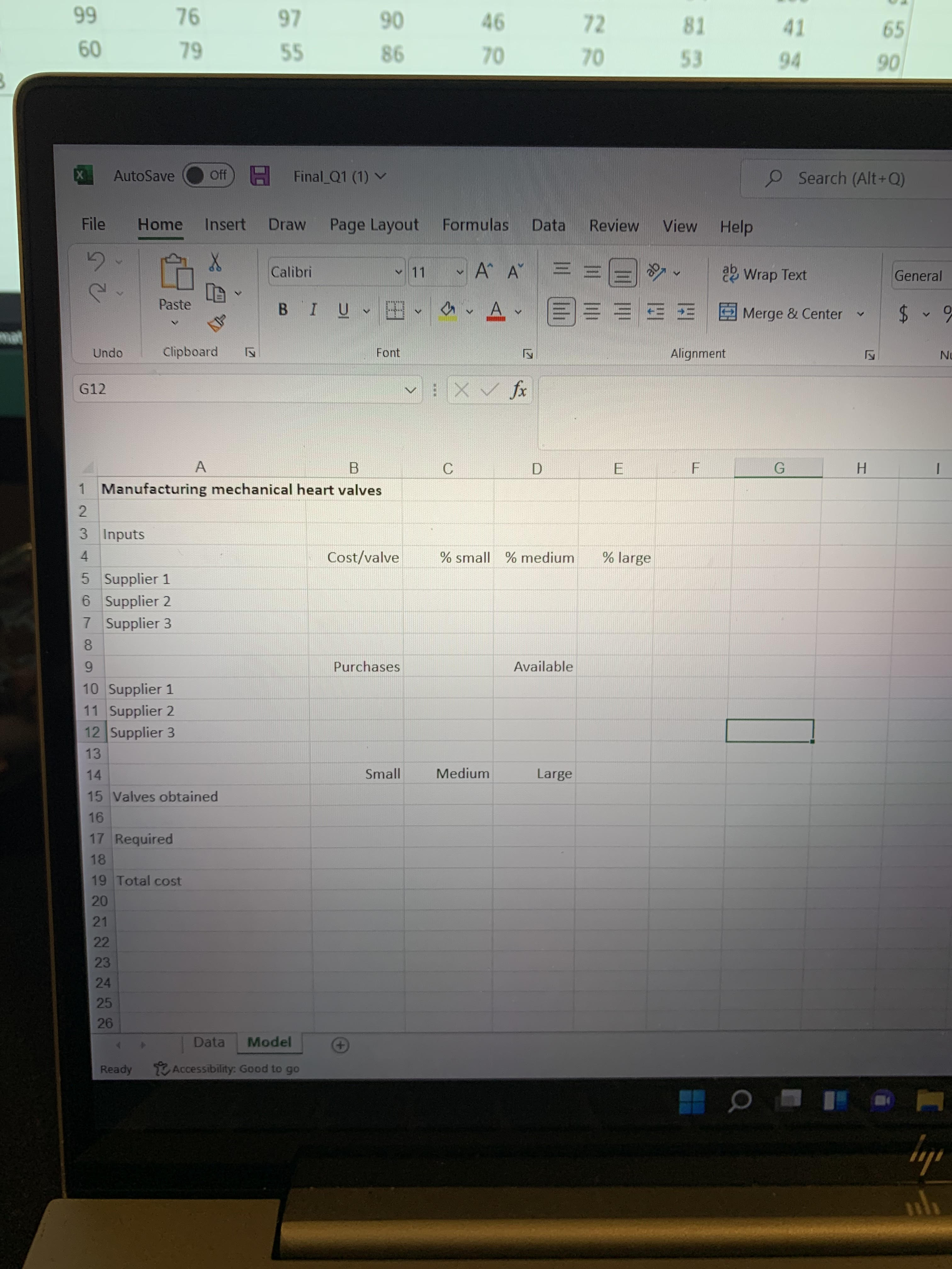 l Cost/valve % small % medium 4 Supplier 1 $75 40 40