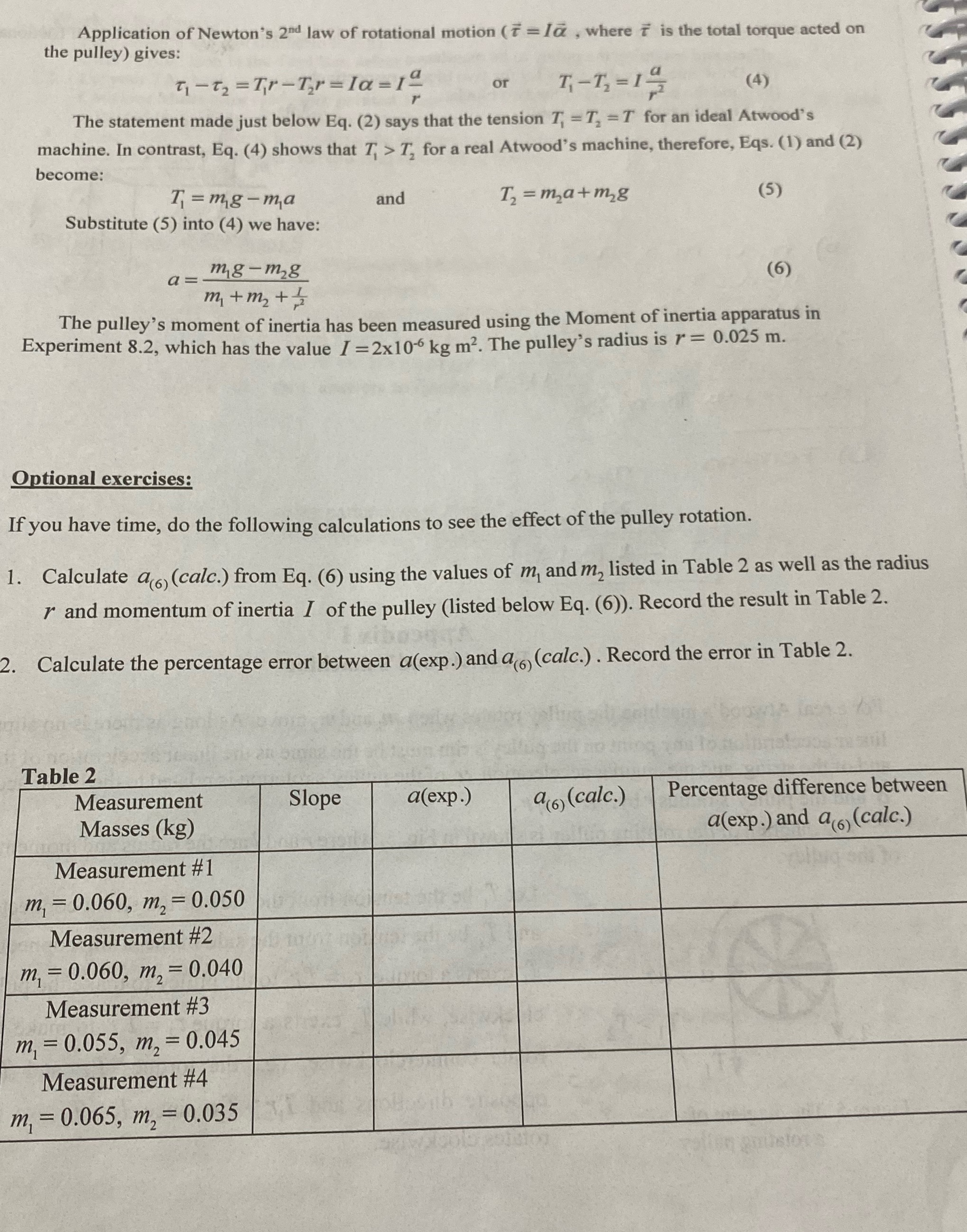 Need help to fill out that table please the pulley) gives: Application