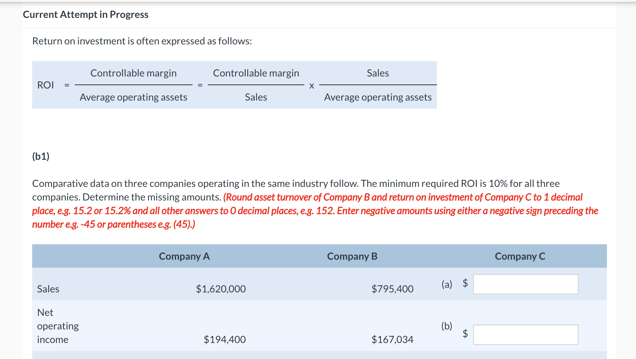 Average operating assets (b1) Comparative data on three companies operating in the