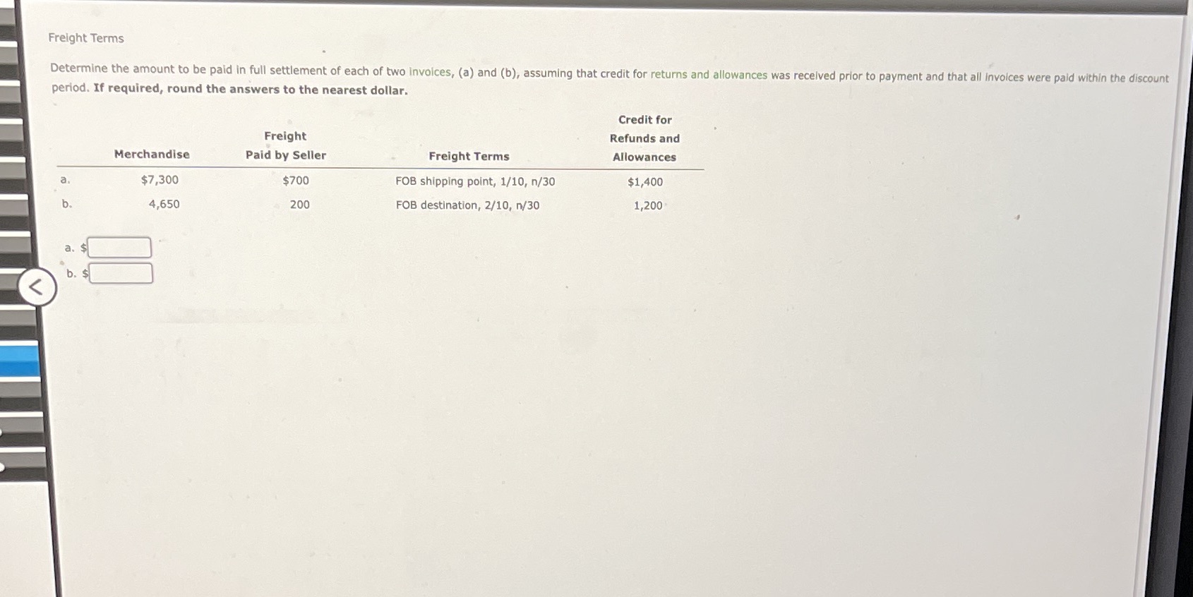 Question for 10 Freight Terms Determine the amount to be paid in