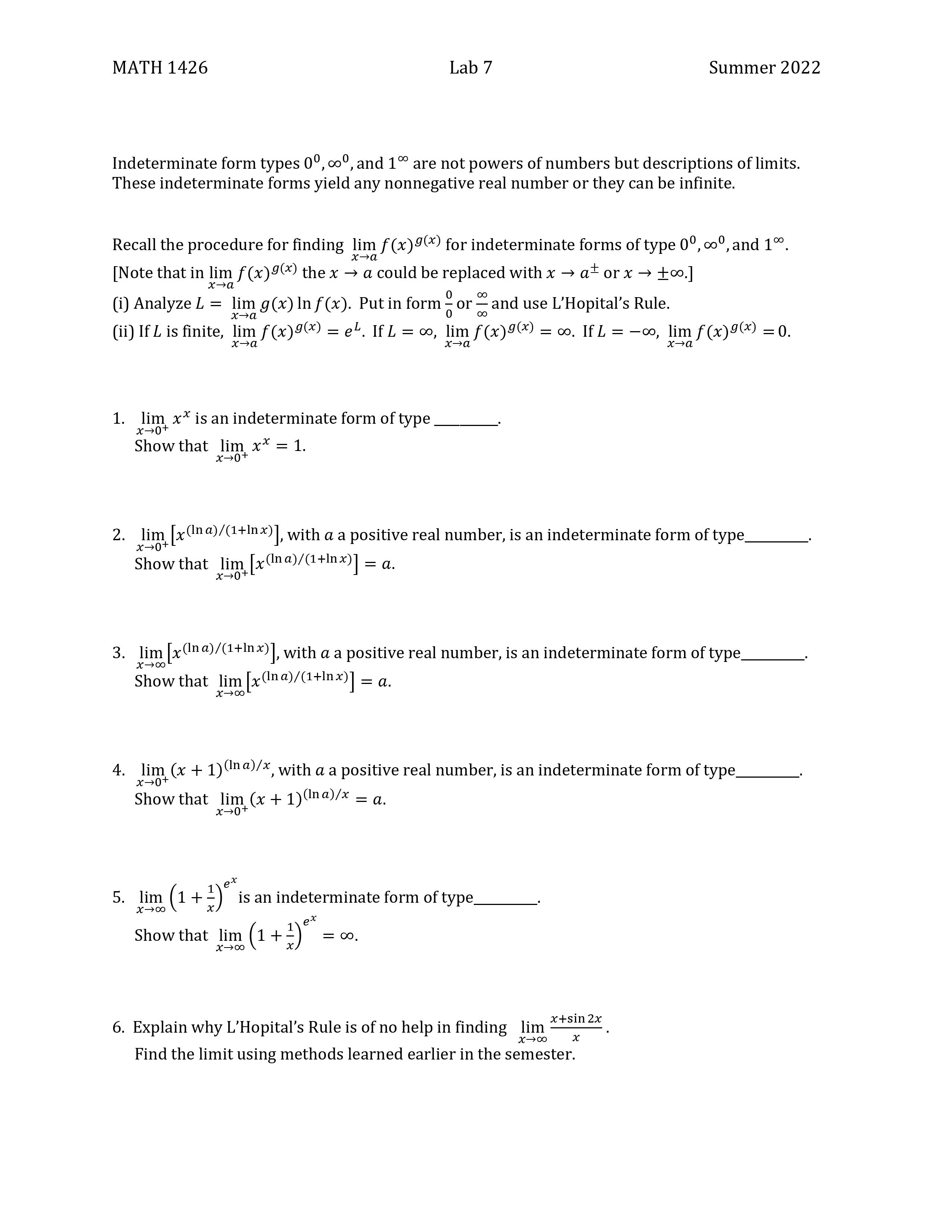  MATH 1426 Lab 7 Summer 2022 Indeterminate form types 0, co,