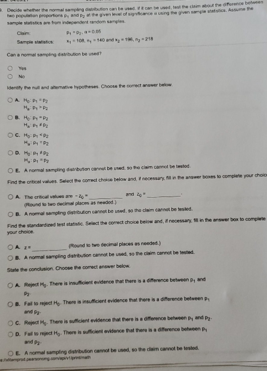 help please Decide whether the normal sampling distribution can be used. If