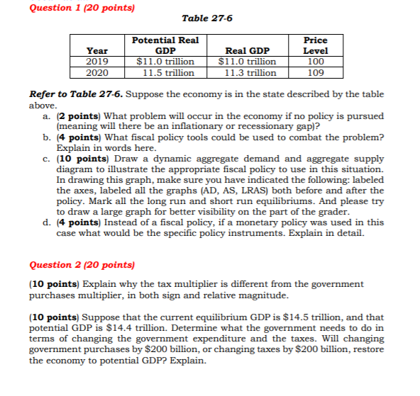 please just do question two. thank you! Question 1 (20 points) Table
