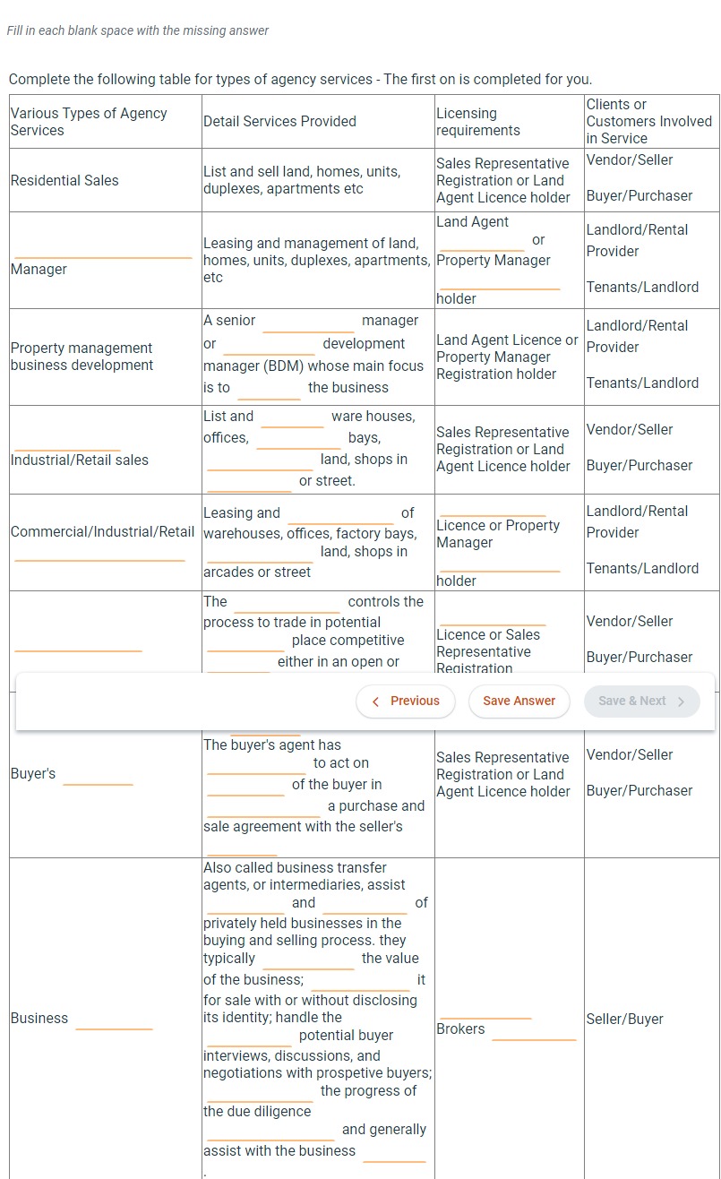 following table for types of agency services - The first on is
