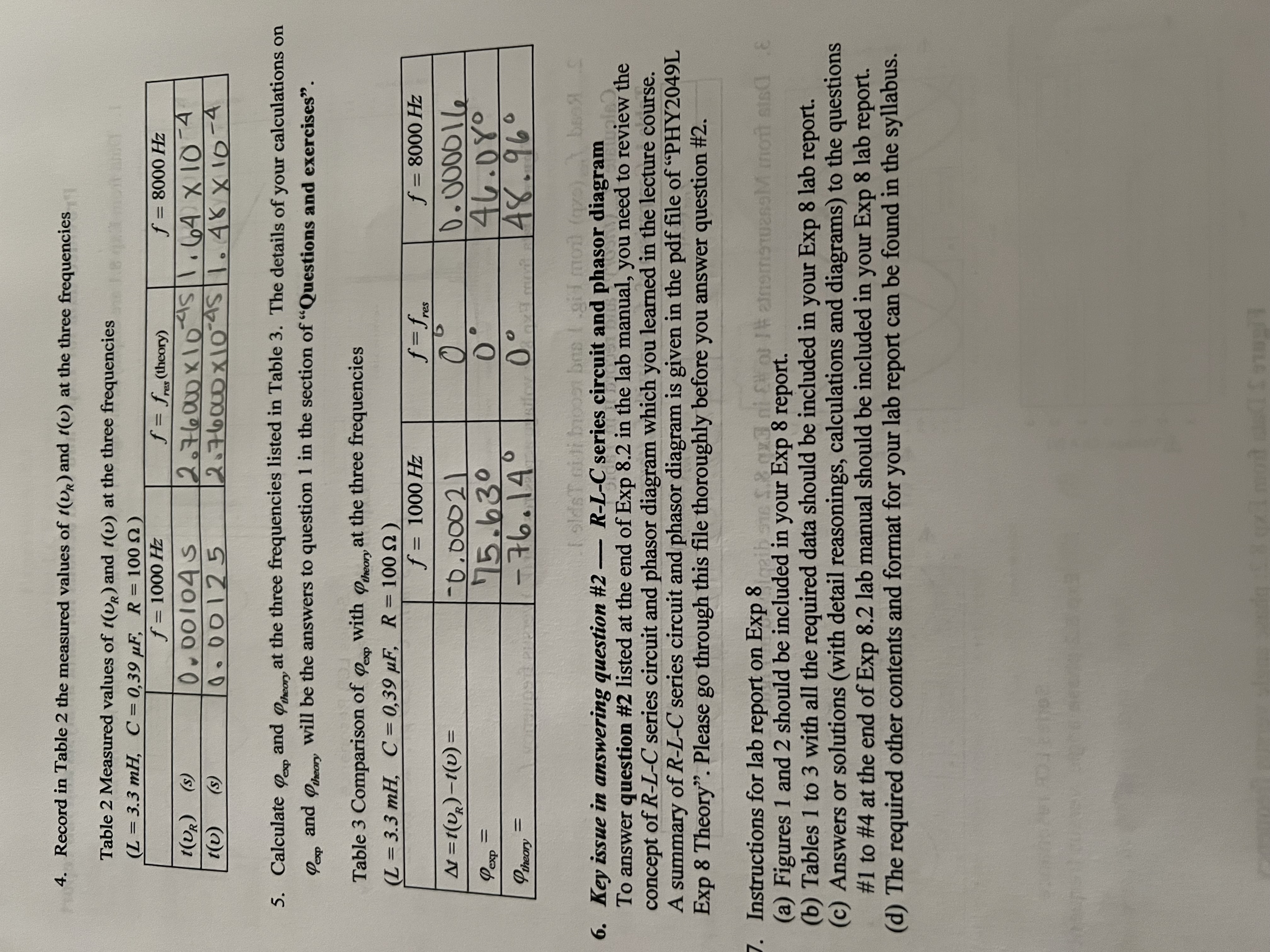 Table 3, draw a phasor diagram of the LCR circuit at each