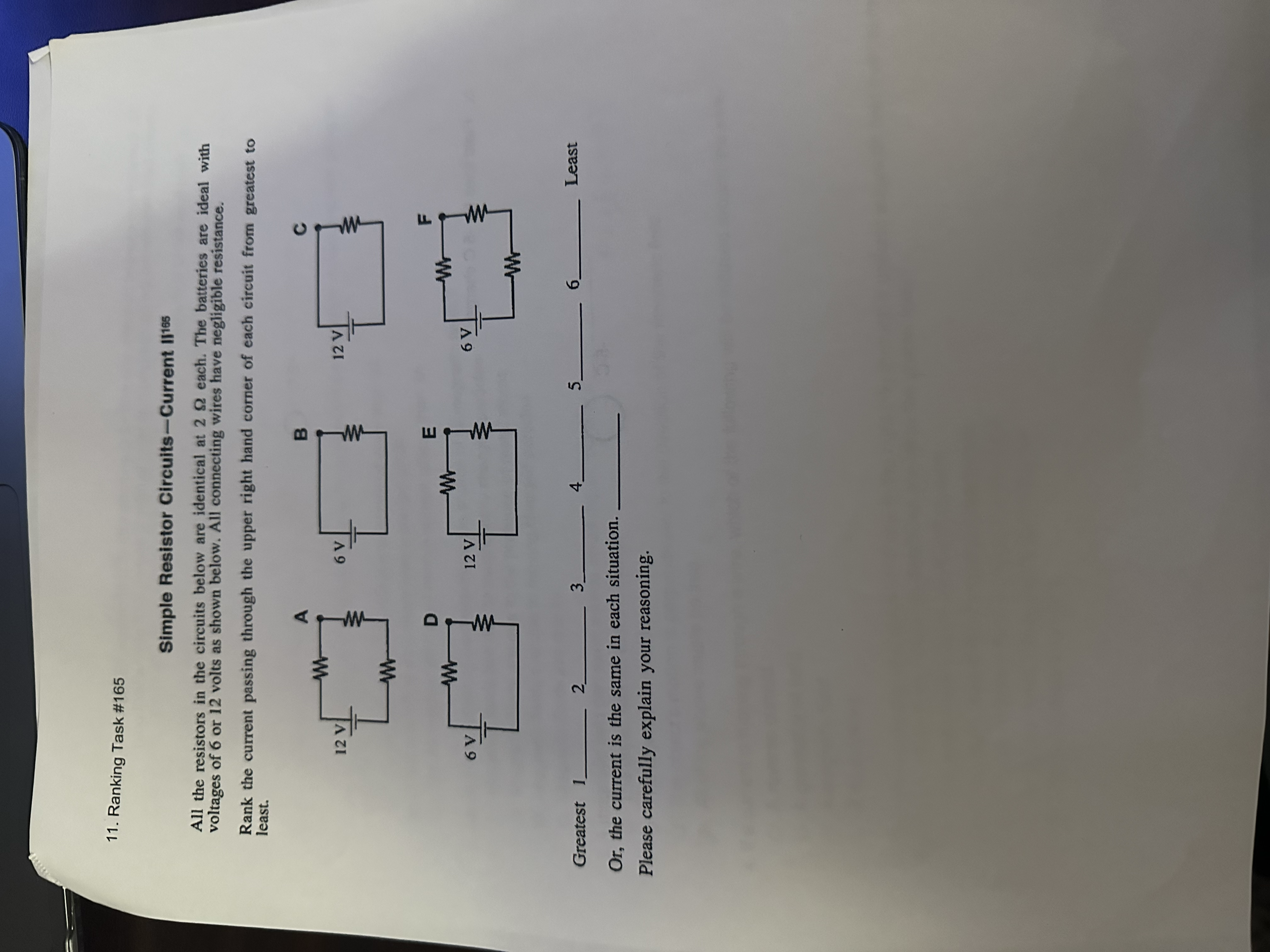  11. Ranking Task #165 Simple Resistor Circuits-Current ||165 All the resistors