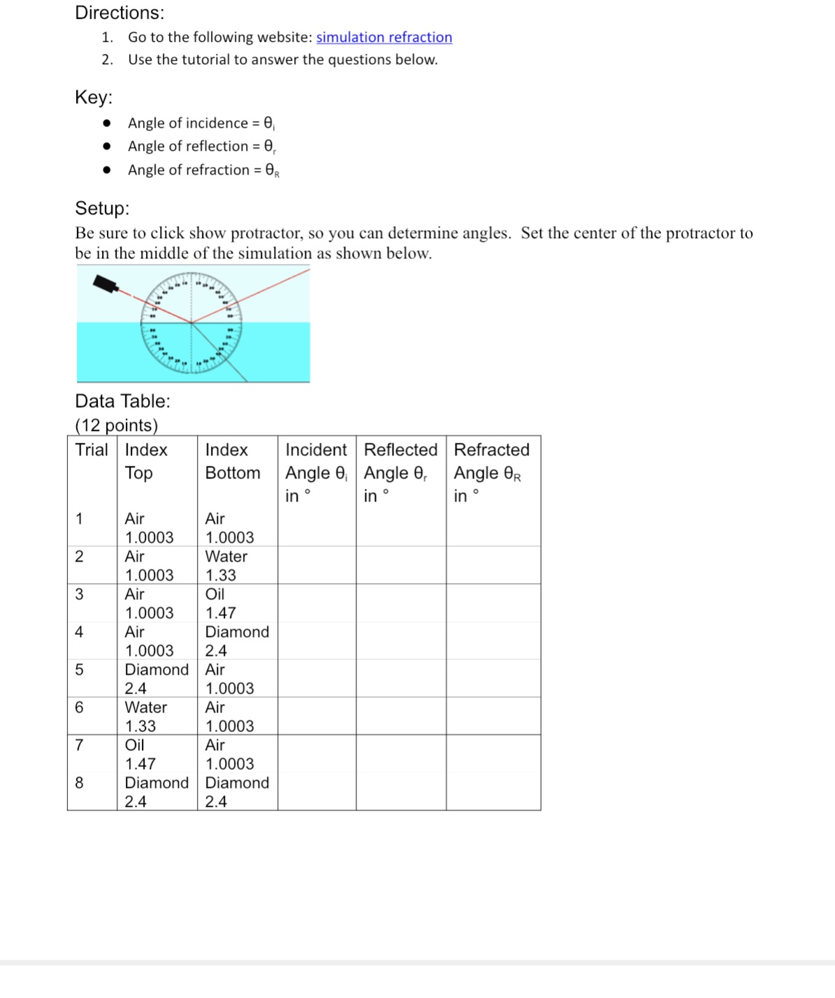 Website: https://www.simbucket.com/simulation/refraction/ Directions: 1. Go to the following website: simulation refraction 2.