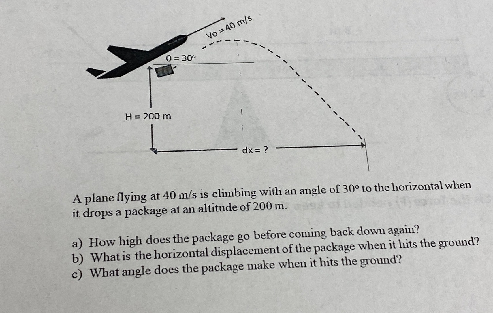  Vo = 40 m/s 0 = 30 H = 200 m