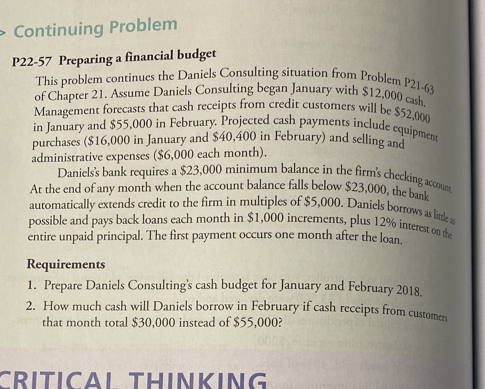 Please explain. Thank you! Continuing Problem P22-57 Preparing a financial budget This