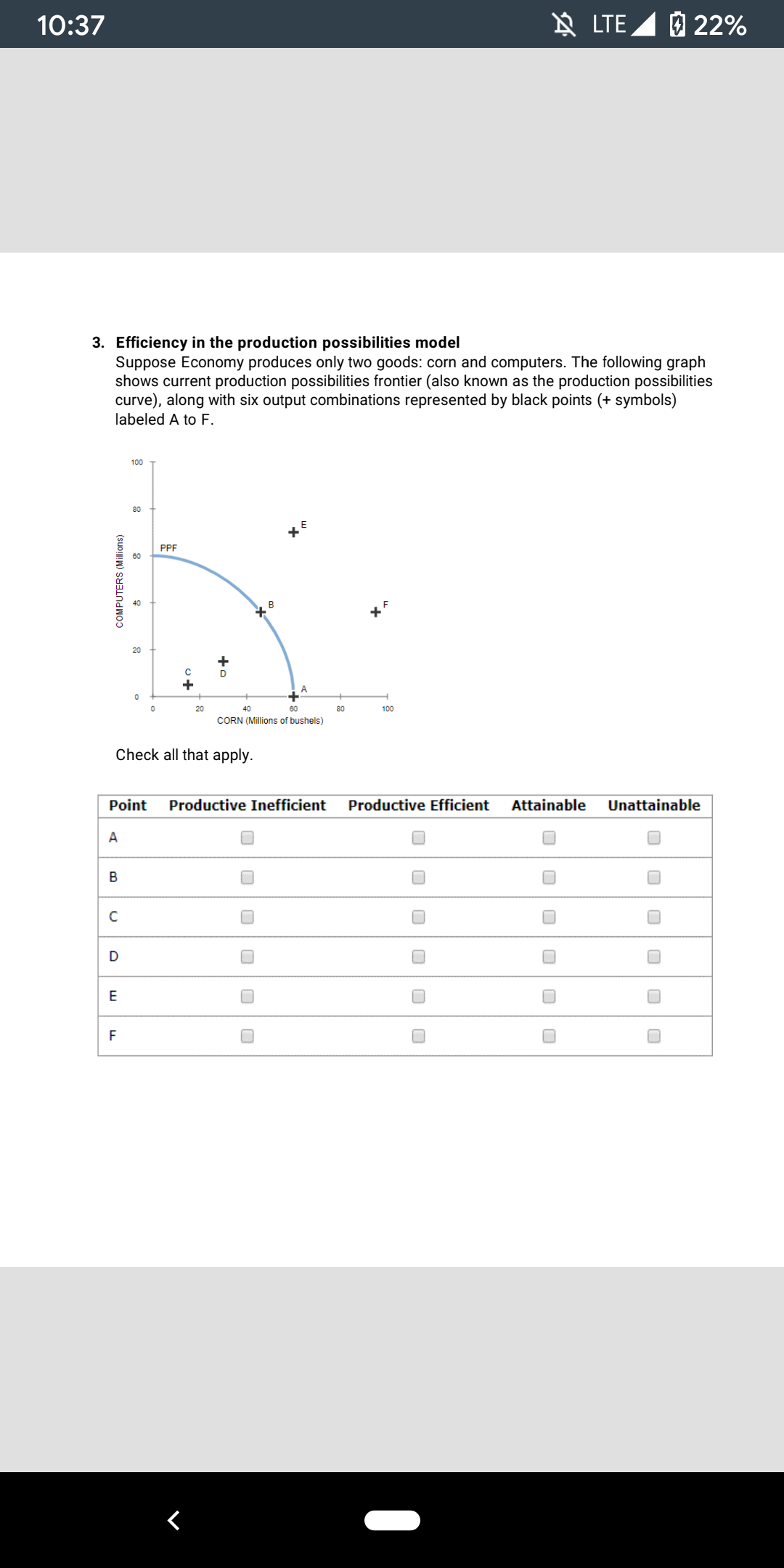 3. Efficiency in the production possibilities model 10:37 LTE 4 22% 3.