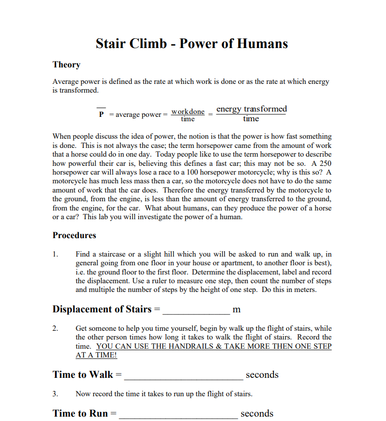 a good understanding of Human Power. 5. Calculate the amount of'power that