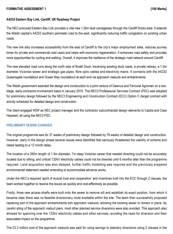  FORMATIVE ASSESSMENT 1 [100 Marks] A4232 Eastern Bay Link, Cardiff, UK