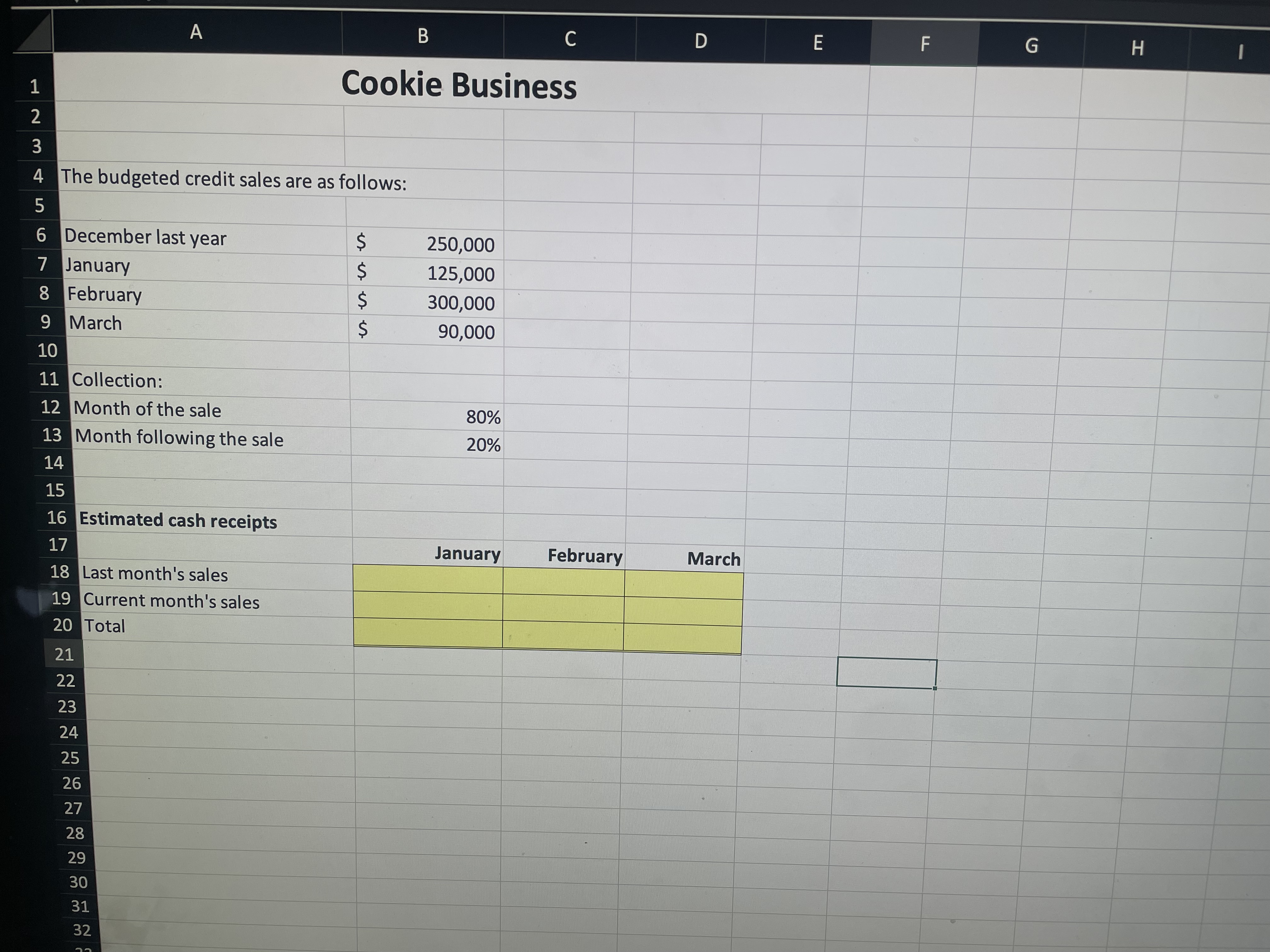 w 4 The budgeted credit sales are as follows: 5 6 December