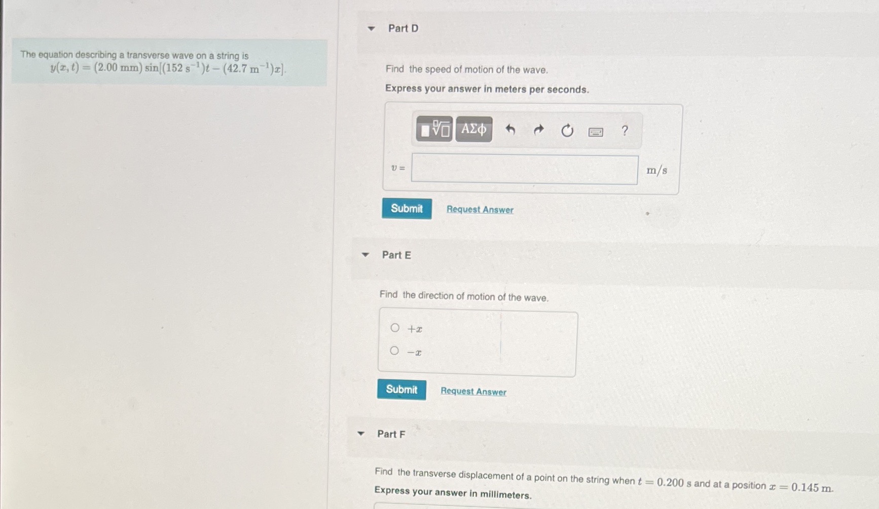 Part D The equation describing a transverse wave on a string