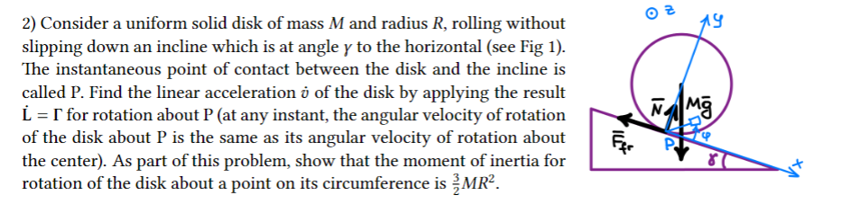Consider a uniform solid disk of mass M and radius R, rolling