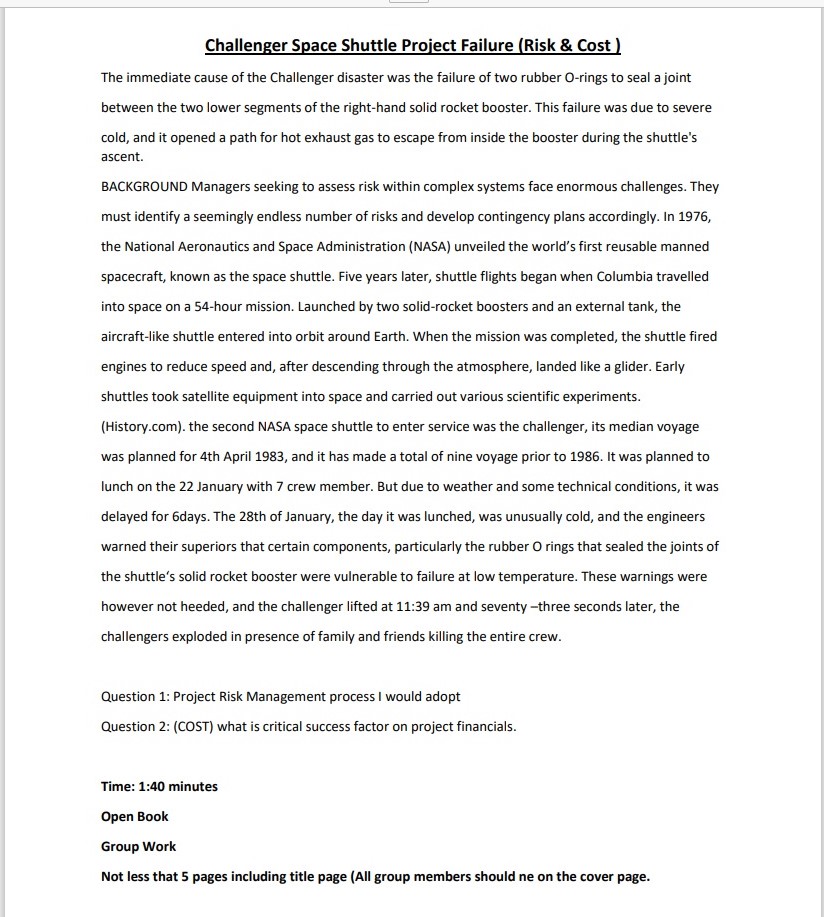  Challenger Space Shuttle Proiect Failure [Risk E Costl The immediate cause