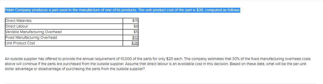:Multiple Choice$10 per unit advantage.$1 per unit disadvantage.$3 per unit advantage.$4 per