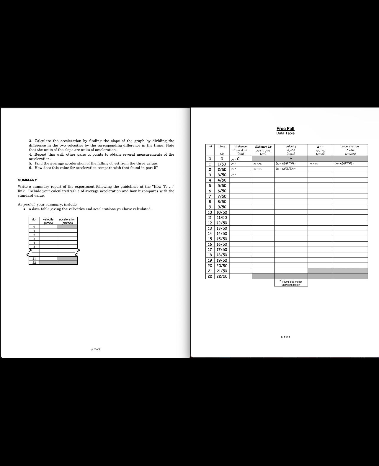 Free Fall Data Table 3. Calculate the acceleration by finding the