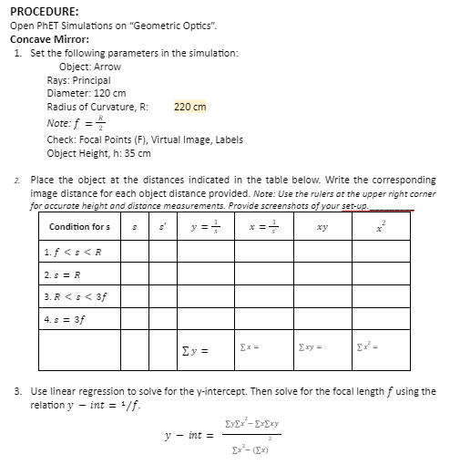  PROCEDURE: Open PhET Simulations on "Geometric Optics". Concave Mirror: 1. Set