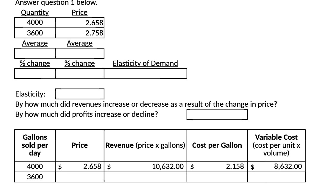  Answer question 1 below. Quantity Price 4000 2.658 3600 2.758 Average