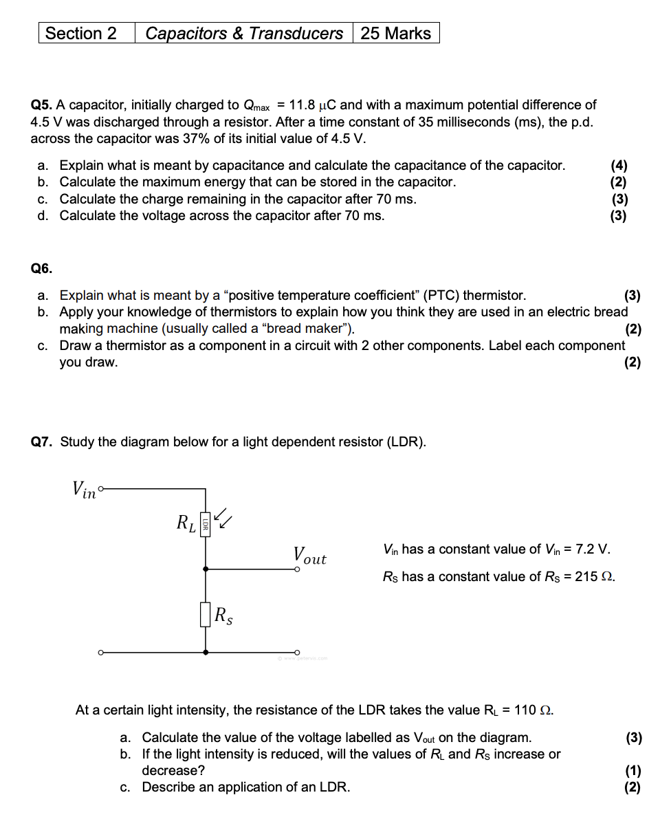 Please answer the following physics questions: Section 2 Capacitors 8. Transducers 25