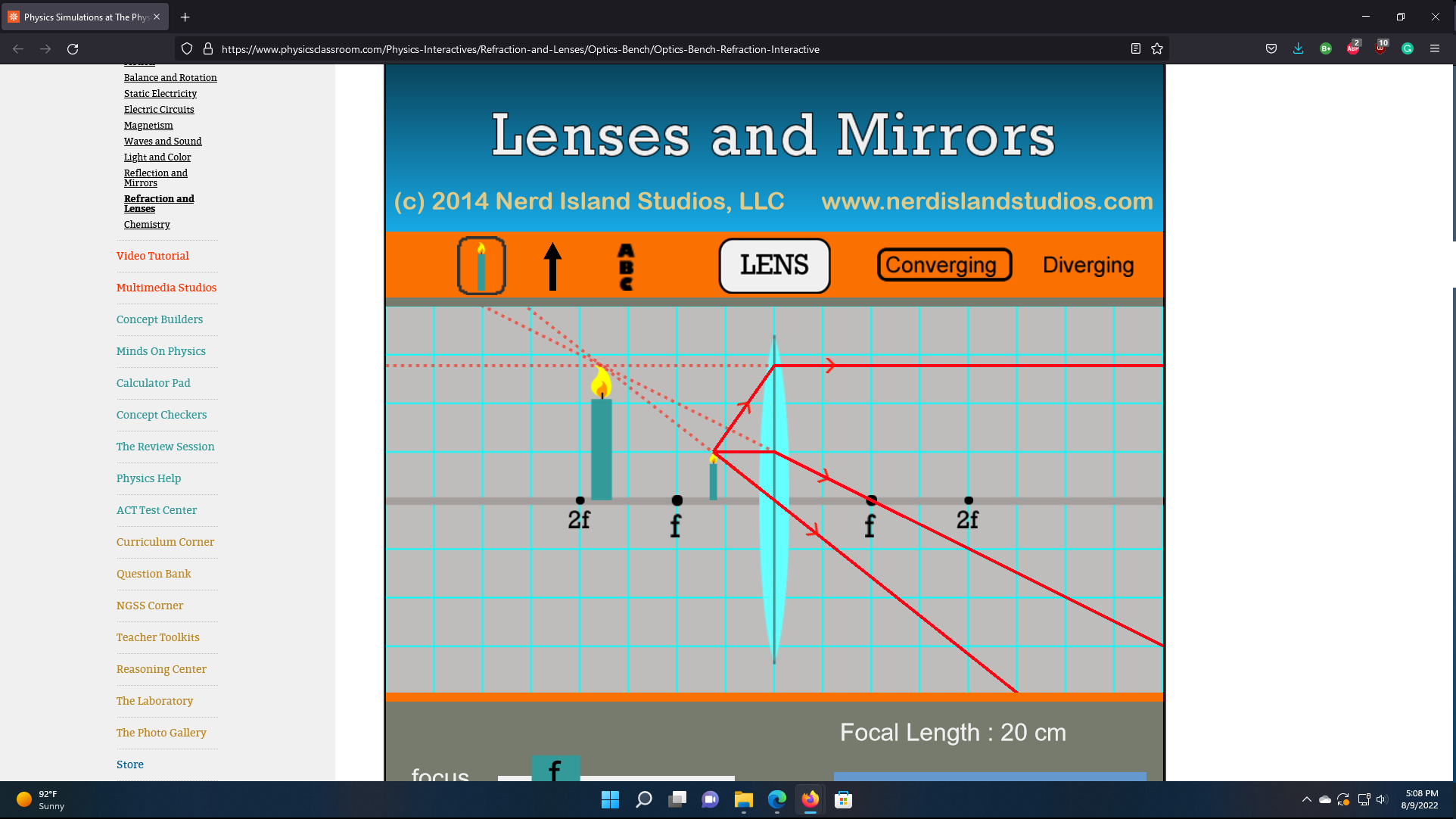 Phys X O 8 https://www.physicsclassroom.com/Physics-Interactives/Refraction-and-Lenses/Optics-Bench/Optics-Bench-Refraction-Interactive G E Balance and Rotation Static Electricity