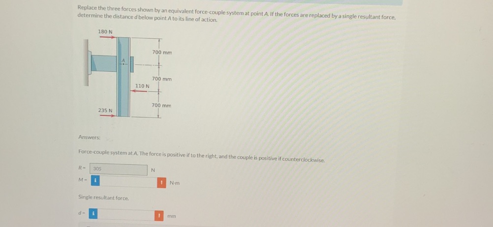  Replace the three forces shown by an equivalent force-couple system at