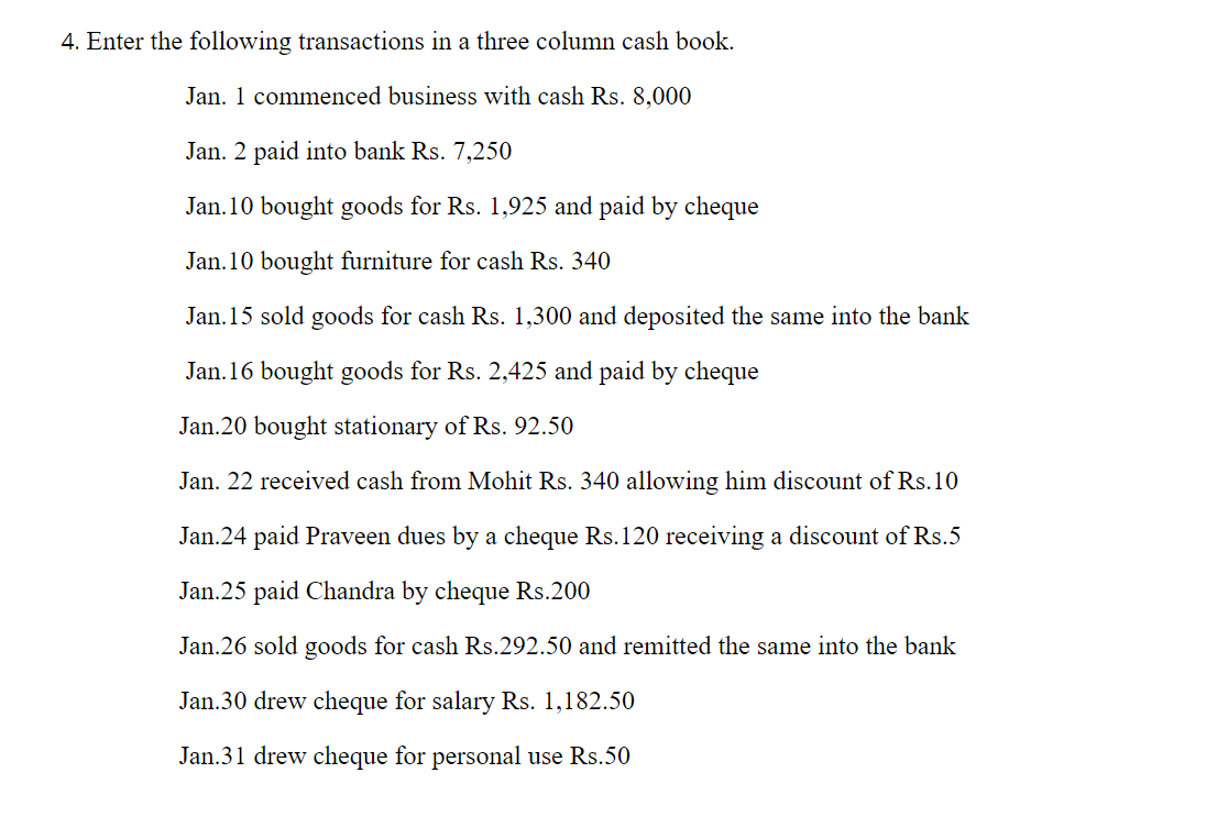 following transactions in a three column cash book. Jan. 1 commenced business