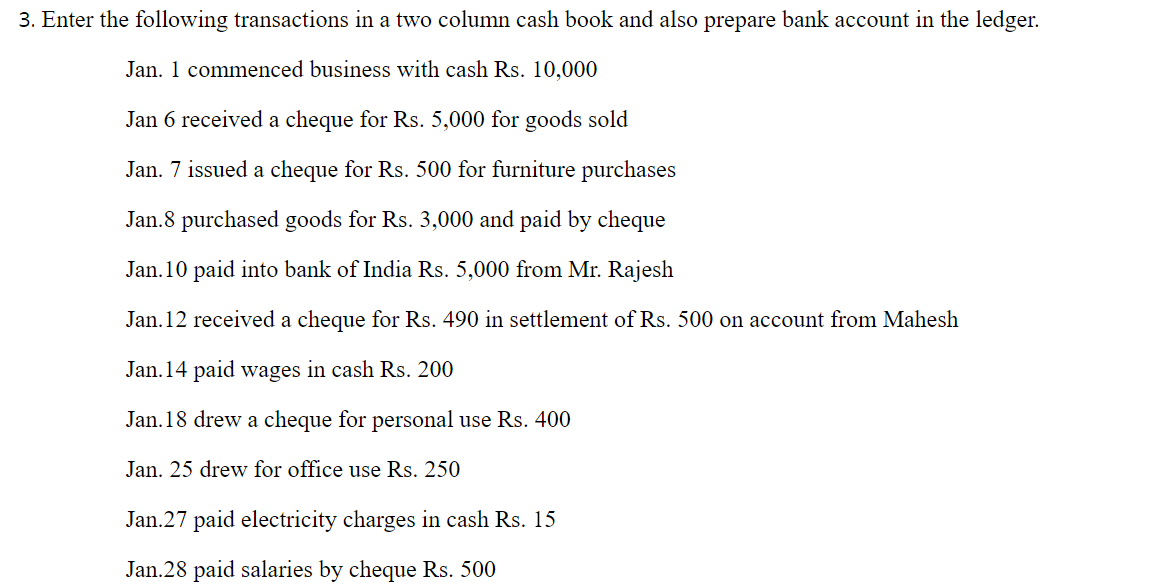 with cash Rs. 8,000 Jan. 2 paid into bank Rs. ?,250 Jan.