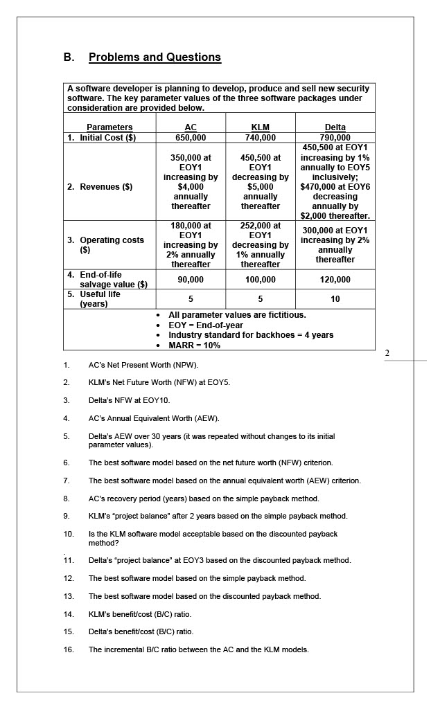 Engineering Economics Using the Data Provided, Find the ERR of All Three