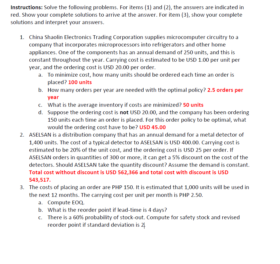 PLS SOLVE THE EXCEL Instructions: Solve the following problems. For items (1)