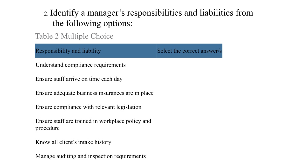 2. Identify a manager's responsibilities and liabilities from the following options: