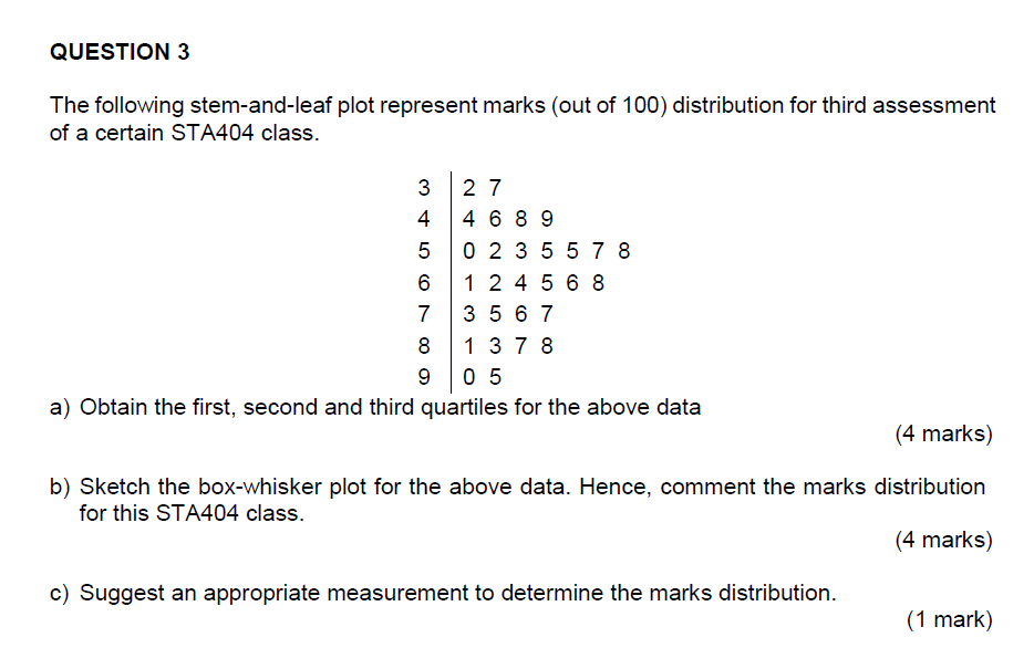 please answer all questions. QUESTION 3 The following stem-and-leaf plot represent marks