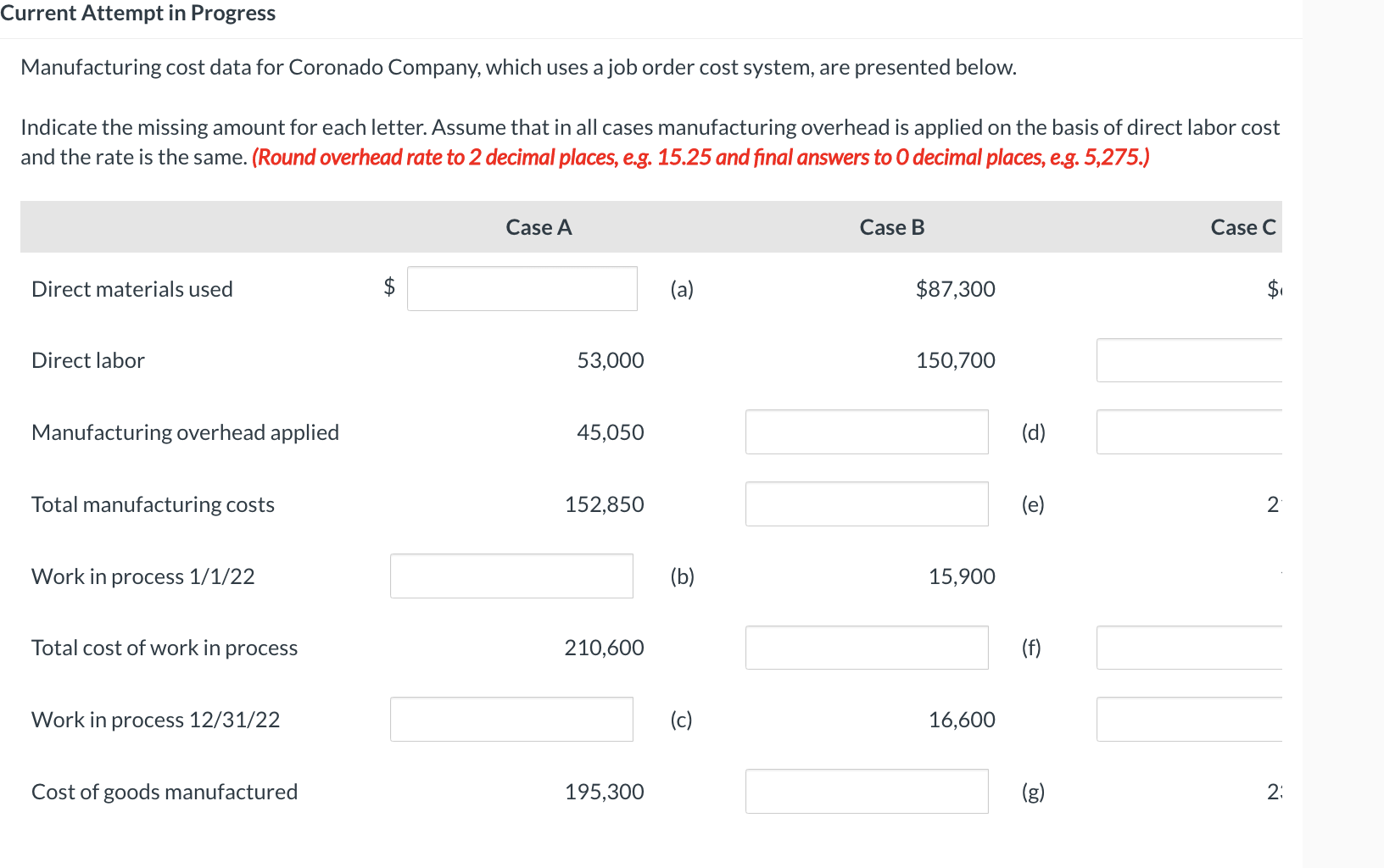 need help with the following Current Attempt in Progress Manufacturing cost data