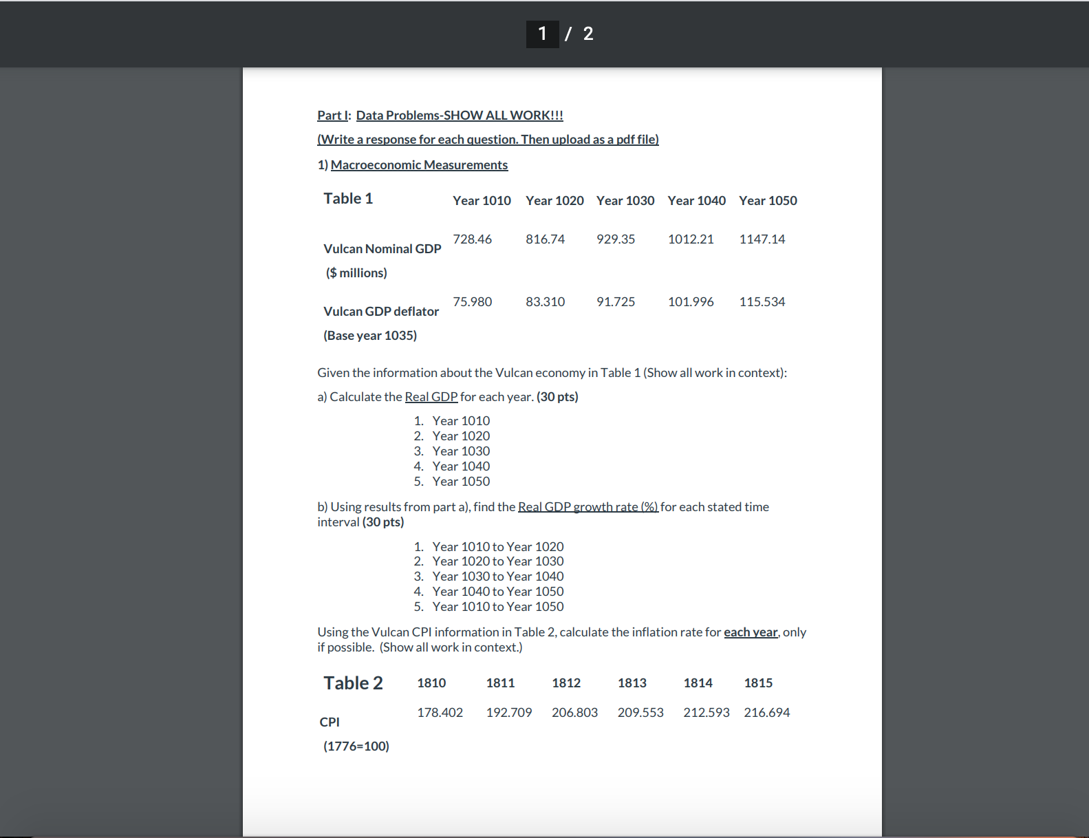Part I:Data Problems-SHOW ALL WORK!!!(Write response for each question. Then upload as