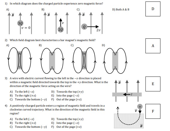 1) In which diagram does the charged particle experience zero magnetic